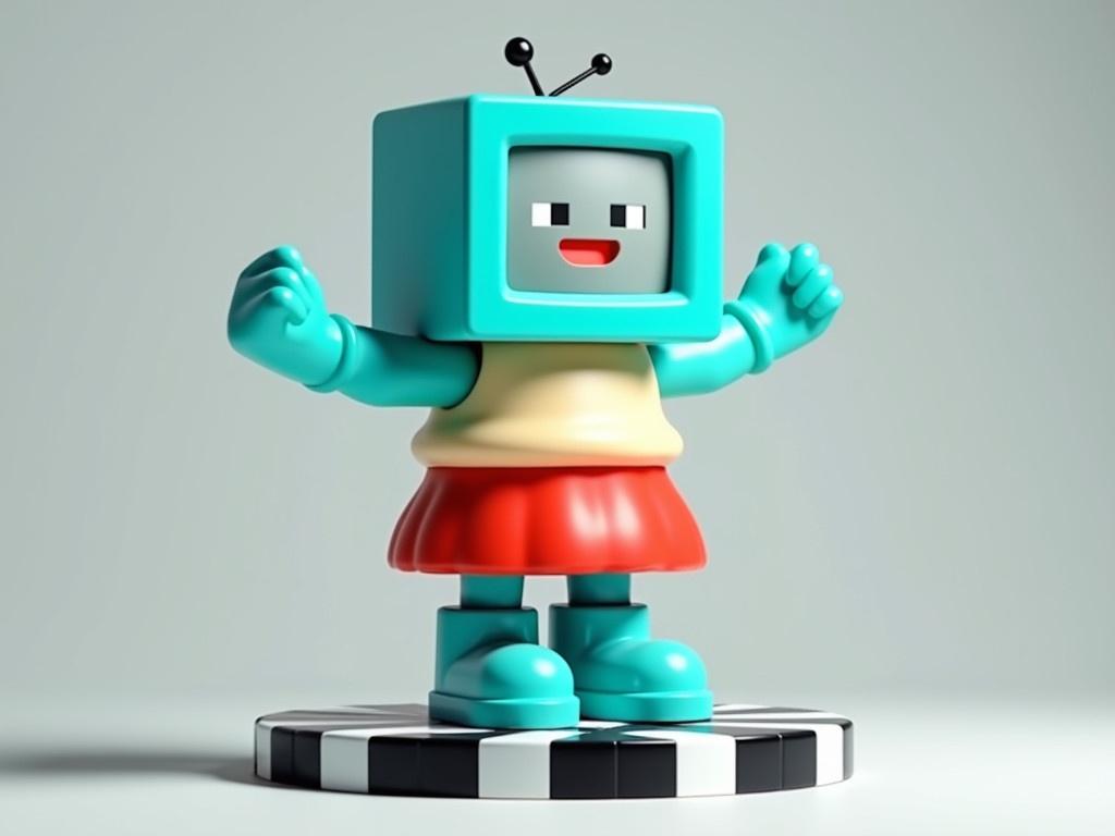 This image features a quirky, stylized character with a TV for a head. The figure has a blocky, geometric design, showcasing a bright blue TV displaying a pixelated face. Its arms are a vibrant teal color, positioned in a playful pose. The character wears a cream-colored top with a red skirt, creating a fun and colorful outfit. It stands on a checkered black and white platform, contrasting against a soft gray background. The feet are adorned with chunky blue boots, adding to its playful appearance. Overall, the character exudes a fun and whimsical vibe.