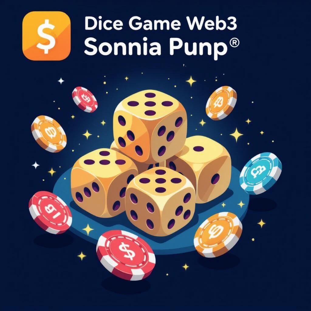 Image representing a web3 dice game named Sonnia Punp. Features three golden dice and colorful gaming chips. Background is a dark blue with stars.