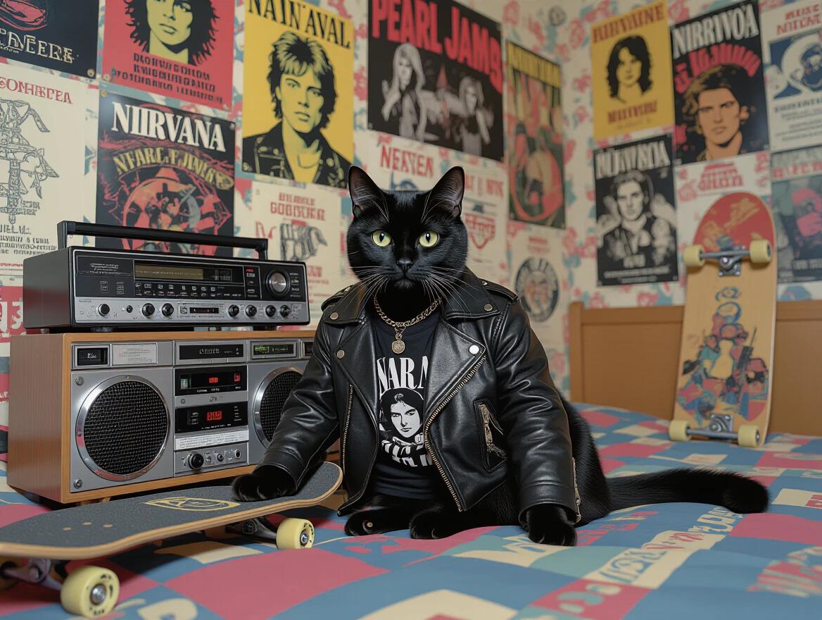 A black cat dresses in a leather jacket. Cat sits in a room filled with music posters from 90s bands. Boombox placed beside the cat plays music. Skateboard leans against a wall. Strong grunge vibes in the atmosphere. Style inspired by Jamie Hewlett and Mike Judge. Lighting creates a moody effect. Image exudes a rebellious attitude.