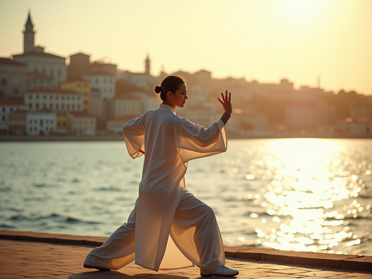 Cinematic image features a Tai Chi Chuan practitioner performing by the Tagus River in Lisbon, with the stunning city skyline in the background. The scene is set at dawn, capturing the early morning light reflecting on the water. The practitioner is turned towards the camera, emphasizing the global reach of Tai Chi as a practice cherished worldwide. The attire is traditional and flowing, lending a sense of grace to the movement. The image is hyper-realistic, as if shot on an Arriflex camera, highlighting the serene atmosphere and the connection between the individual and the city. Elements of architectural beauty from Lisbon enhance the cultural significance of the practice.