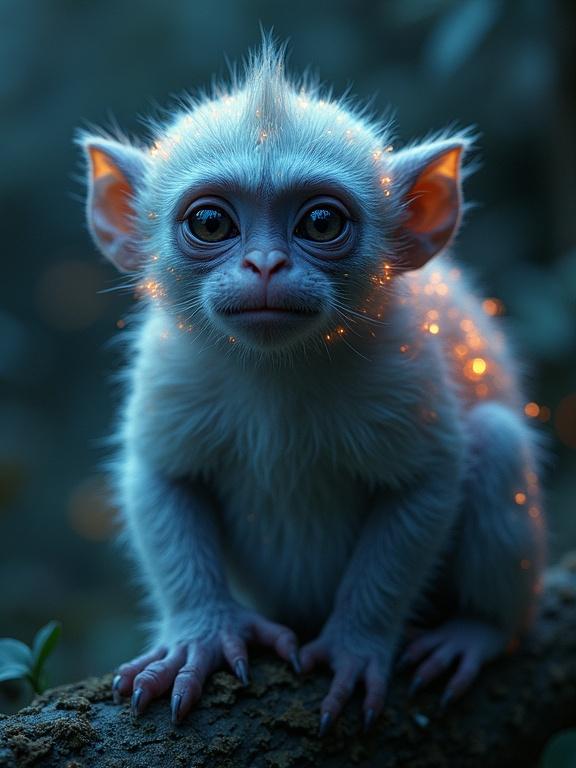 A mesmerizing luminescent creature combines monkey traits with bat-like features. Agile and dexterous. Fur and skin blend in iridescent hues. Bright intelligent eyes. Fluid and graceful movements. Enchants as it moves through shadows.