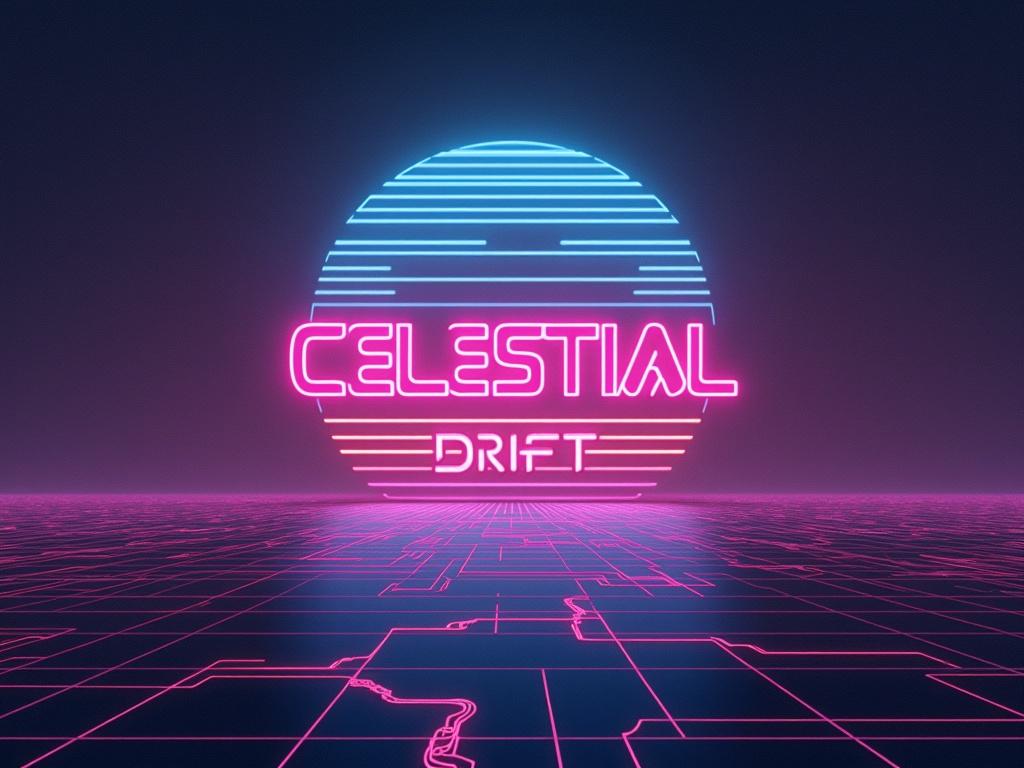 Neon tech album cover art with retro aesthetics featuring bold text that reads Celestial Drift.