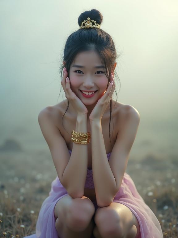 Misty dawn shrouds a feudal battlefield. Radiant Chinese princess squats in light purple undies. She has fair skin and joyfully raises her hands. Dark hair styled elegantly, adorned with a golden hairpin. Soft light pierces through clouds. The shot captures her full body in an ultra low angle.