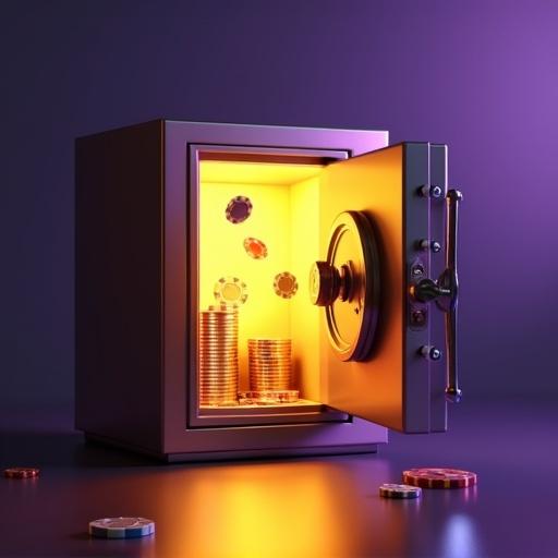 A security vault with smooth metallic surfaces and a minimal circular lock. Vault door ajar with a strong beam of glowing golden light. Inside are stacks of radiant coins. Poker chips hover mid-air with hues of gold and violet. Background fades from deep navy blue to saturated purple. Soft motion blur enhances cinematic lighting with high contrast.