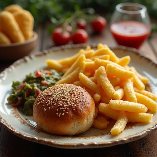 Delicious meal on a plate with crispy fries green salad soft bun and a glass of red drink in warm sunlight