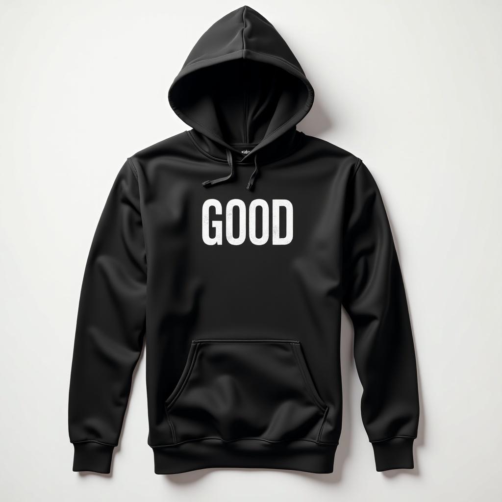 Hoodie featuring the word Good. Black color with a front pocket and hood.