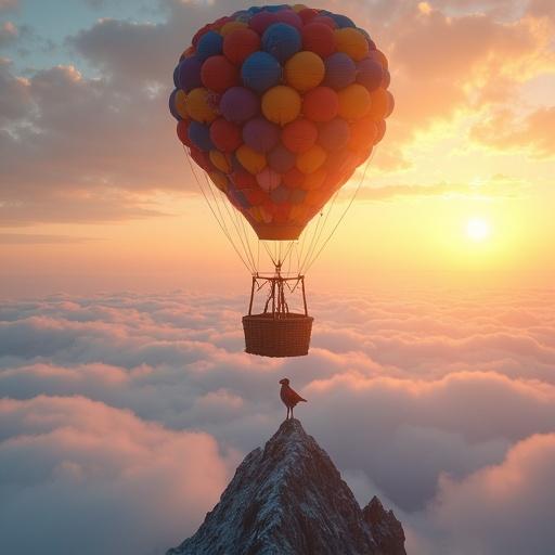 Cinematic wide shot at golden hour of a weathered wicker hot-air balloon basket drifting above clouds. Thousands of multicolored balloons tether it to the sky. Below a jagged mountain peak pierces through the cloud layer. A life-like dodo bird stands atop the peak, gazing at the basket.