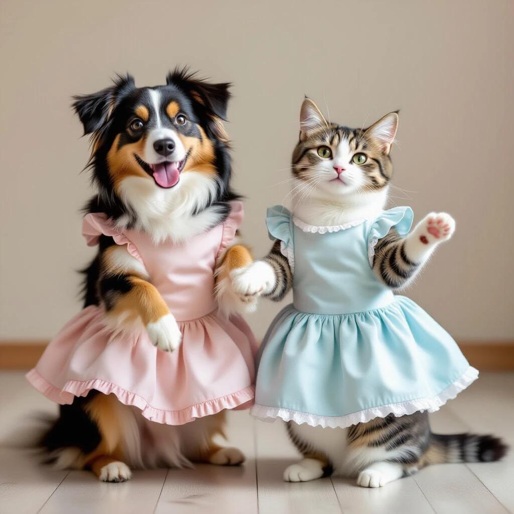 Scene of a dog and a cat dancing together. Dog and cat wear colorful dresses. Dog has playful expression while cat shows joy. Both are in a cheerful pose.