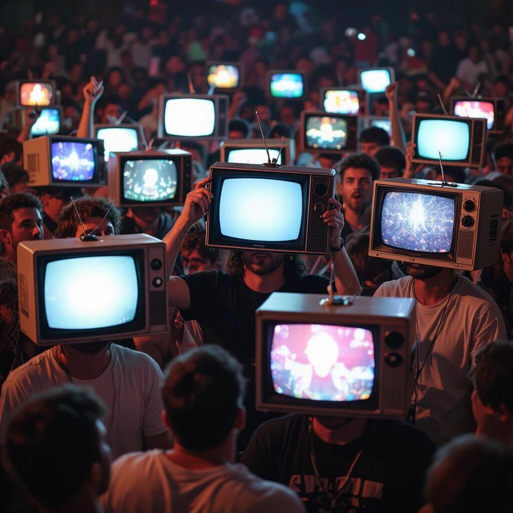People in a mosh pit with vintage televisions for heads. Scene captures chaotic energy and cultural commentary through visual art.