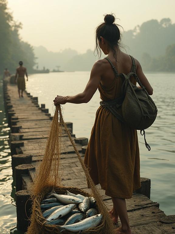 Fisherwoman wears earth-toned wool tunic. She pulls nets full of fish onto a wooden pier. The pier, made of thick beams, extends into misty water. Her skin reflects effort and algae. A gutting knife is tied to her waist. A forehead-strap backpack rests on her back. The dock shows signs of a repurposed civilization. Background shows crumbling pylons and ruins. Scene lit by golden hour. Textures are hyper-detailed. Inspired by melancholic futurism and gritty salvage-tech.