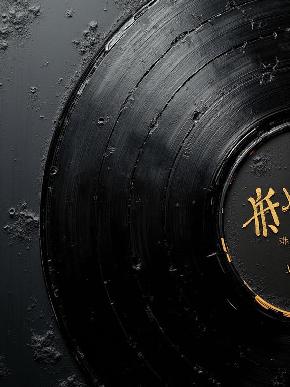 Close-up digital oil painting of a vinyl record. Black background with harsh paint strokes. Cubist and unfinished artistic elements visible. Grooves on the record filling entire frame edge to edge.