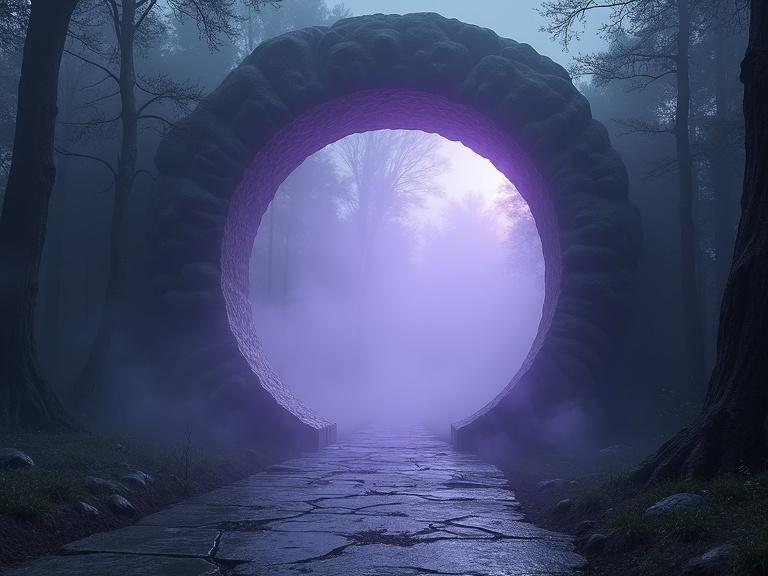 An oval shaped interdimensional portal is depicted. The portal is 150% as tall as wide. The outer ring is thick with defined edges. The interior has watery swirling patterns with soft purple hues. A foggy graveyard is visible through the portal. The ground surface is a solid rough stone slab. Surrounding the scene is a thick magical mist. The image is ultra detailed with a realistic digital style showcasing chiaroscuro. A wide shot captures the portal with an eye-level view, creating a dramatic and mysterious atmosphere.