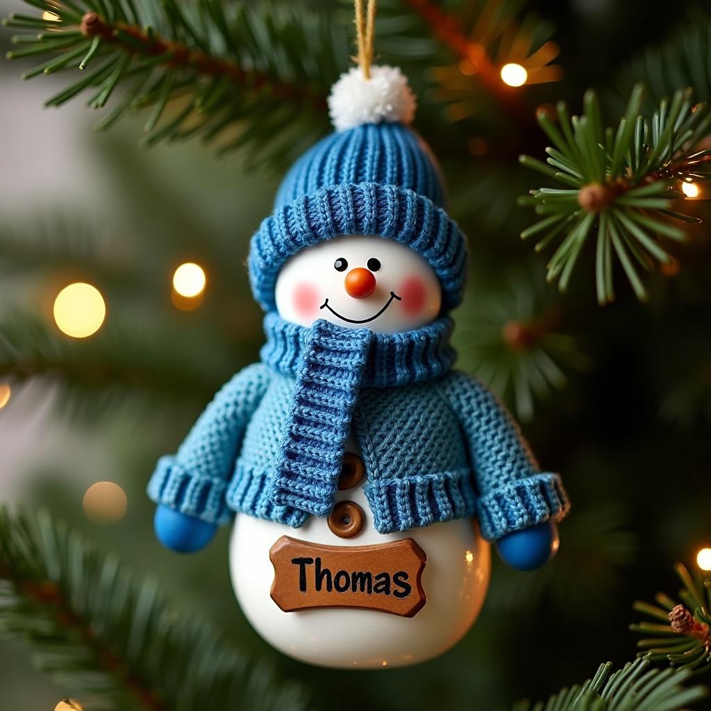 Snowman ornament hanging in a Christmas tree. Has a blue hat and blue scarf. Features a jumper with the name Thomas on a plaque.