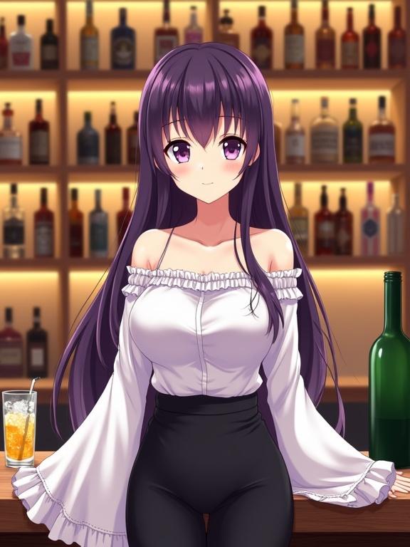 Anime-style lady with long dark violet hair and captivating eyes. She wears a white off-the-shoulder blouse with ruffles and a black fitted skirt. Bar interior in the background with shelves of bottles and warm lighting. There is a drink with ice and a green bottle on the counter.