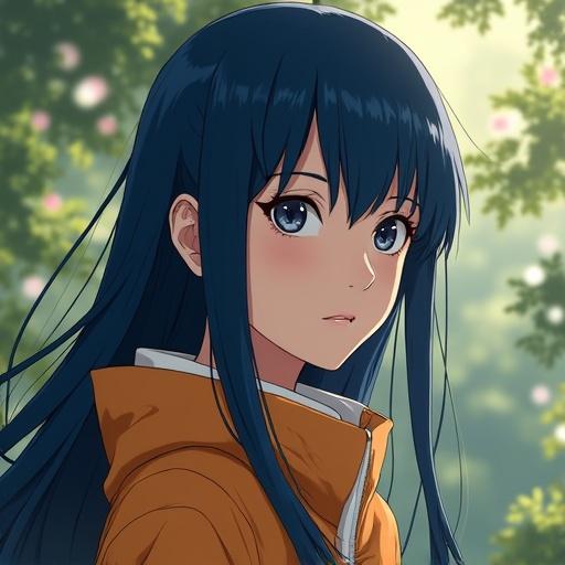 Realistic illustration inspired by a character with delicate features and smooth face. She has white eyes and nearly invisible pupils. Long dark blue hair with detailed texture. Serene expression wearing a classic ninja outfit with realistic fabric and lighting. Natural posture showing shyness but determination. Balanced body proportion with no exaggeration. Background optional with village or forest at sunset.
