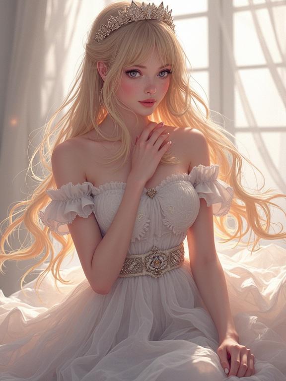 A graceful girl sits elegantly wearing a soft white dress. Long blonde hair flows down. Delicate crown adorns her head. The background features gentle light from large windows creating a dreamy ambiance.