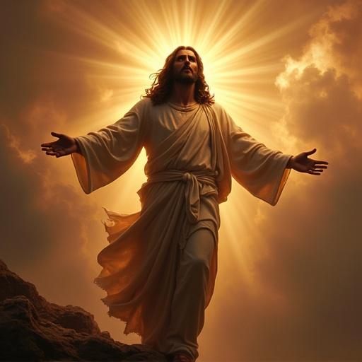 Photo of Jesus Christ resurrected. Radiant light emanating from Jesus. Jesus wearing robes with outstretched arms. Background features soft clouds and golden hues. Inspirational and divine atmosphere.