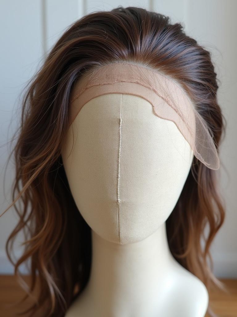 Detailed close-up shot of a wig on a mannequin head. Wig shows signs of wear and damage. Visible tear along lace shows thinning hair in some areas. Small bald spot needs repair.