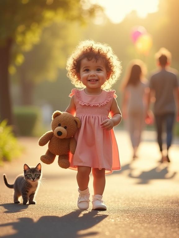 A 2-year-old baby girl walks on a sunny street. She holds a teddy bear. Two adult figures stand behind her at a distance. One holds a balloon. The other holds candy. A gray kitten watches from the side. The atmosphere is bright and cheerful. Soft tension exists in the background.