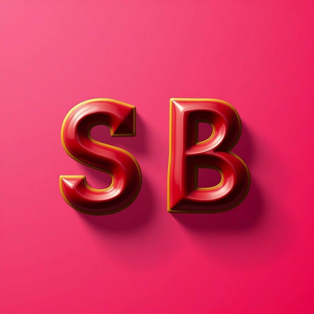 Three-dimensional letters SB in glossy maroon and gold. Background features a vibrant pink shade. Textured surface creates depth and highlights.