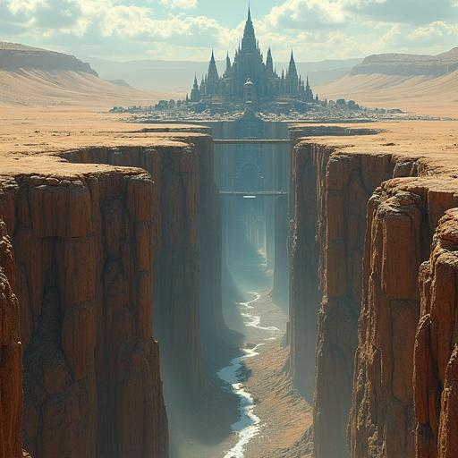 Fantasy cityscape of Ueowa featuring a grand castle atop deep chasms. The landscape is arid with a surreal architectural design. Powerful windstorms create an eerie atmosphere. The scene showcases vast canyons bridged by stunning structures.