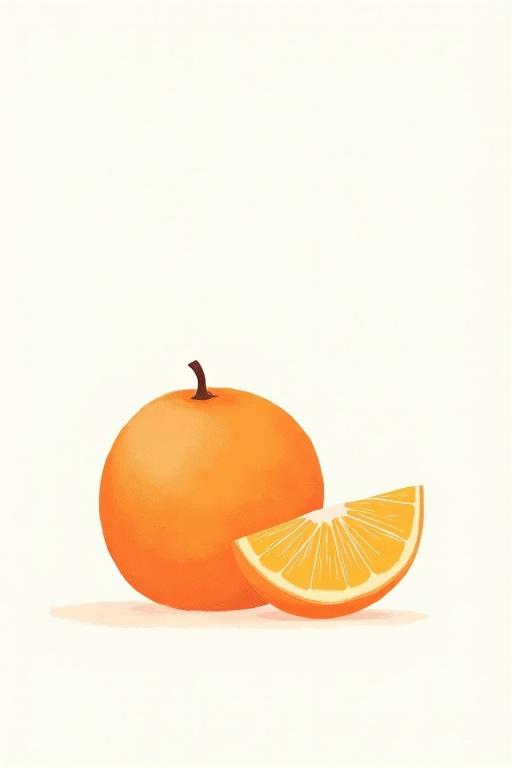 Soft pastel illustration of an orange and a slice on a plain white background. Gentle muted tones create a harmonious composition with subtle shading and soft edges. The style is minimalist and warm, ideal for a child-friendly aesthetic.