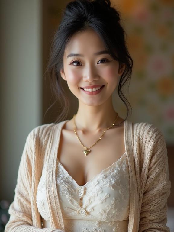 Japanese woman stands elegantly. She wears a cardigan and reveals a deep neckline. The photo shows her necklace sparkling gently. A warm light bathes her in a soft glow. The background features floral patterns, creating a cozy atmosphere.