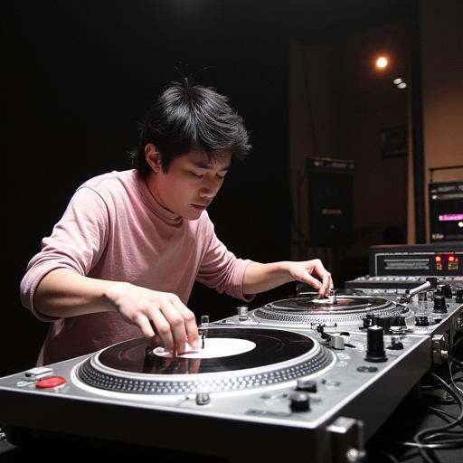 DJ Kung Suk-Chul competes at the Ortfon World DJ Mixing Championships. DJ uses two turntables. DJ performs rapid cutting and tricks. High energy performance in dark venue.