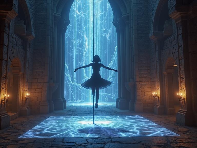 A medieval fantasy castle courtyard. A pole dancer is projected on a hologram screen. The scene is illuminated by blue light. The background showcases a grand architectural design. The overall ambiance is mystical and enchanting.