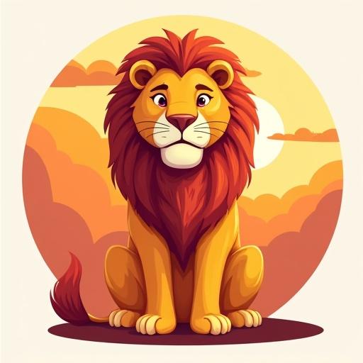 Sitting majestic lion with distinctive fluffy coat and tufted ears. Filled with horizontal sunset stripes in warm oranges, deep reds, and golden yellows. Circular backdrop with glowing amber sun and soft peachy clouds.