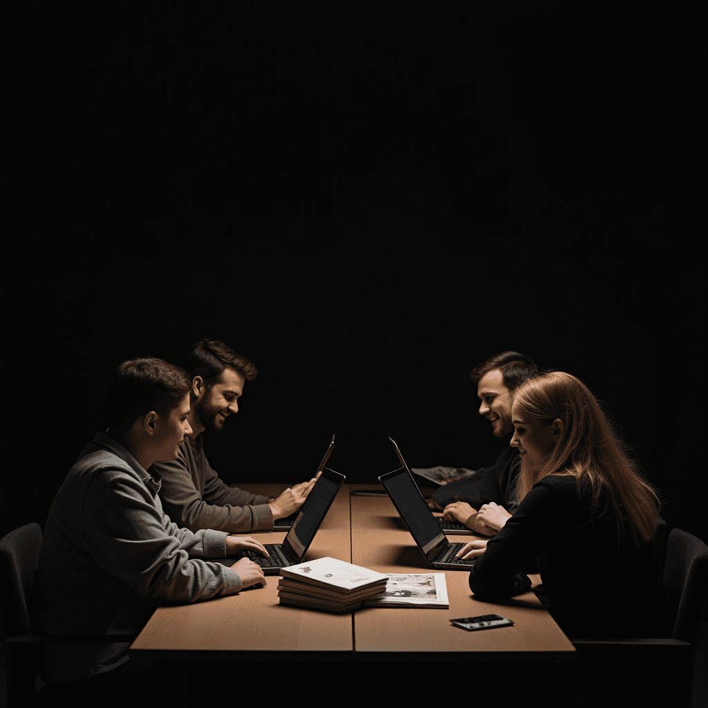 Four individuals diligently work on laptops around a table, illuminated by a single overhead light in a dark setting.