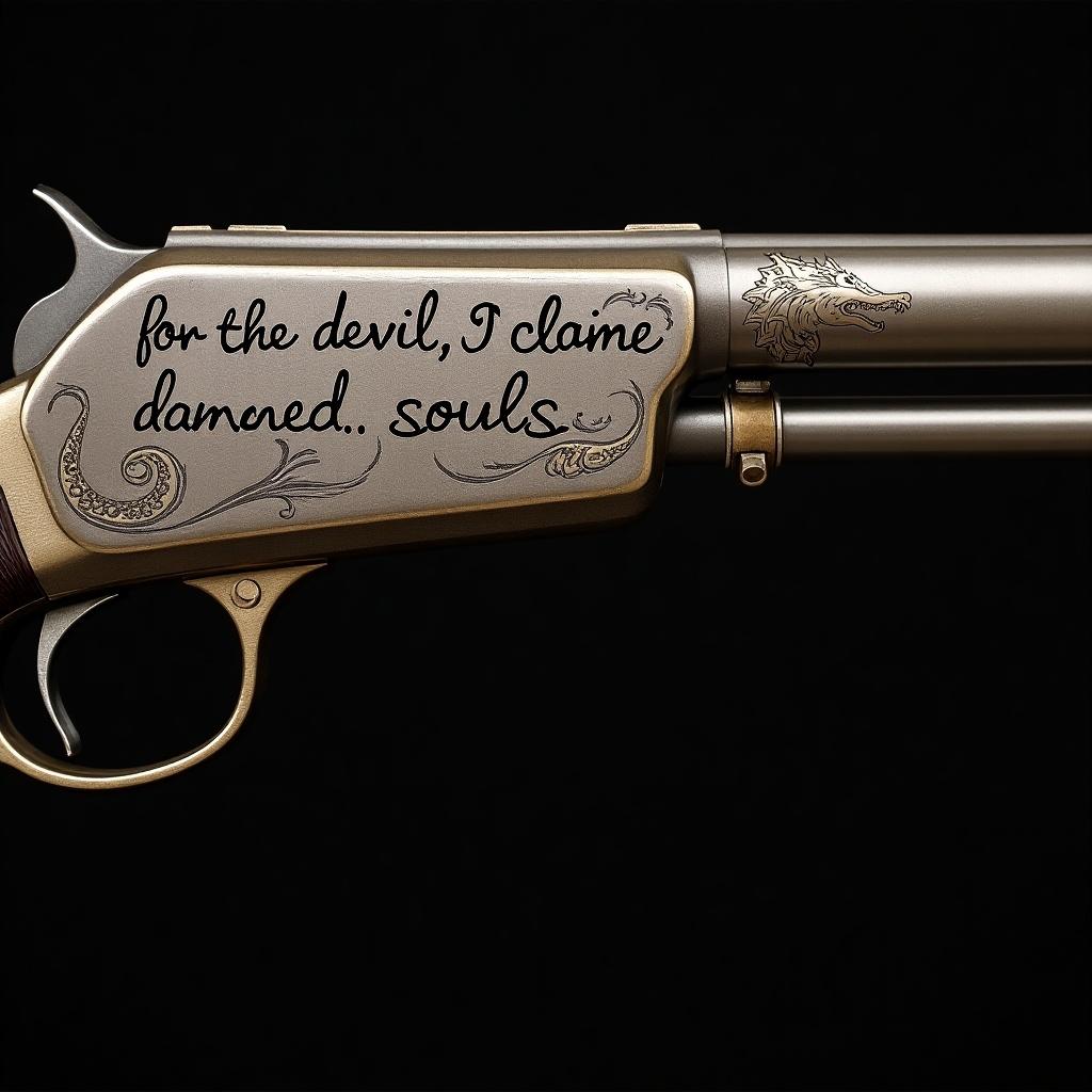 Browning pistol from 1899 with an extended barrel. The phrase 'for the devil, I claim damned souls' is engraved. A dragon tail underlines the writing, appearing like kid scribbling in cursive.