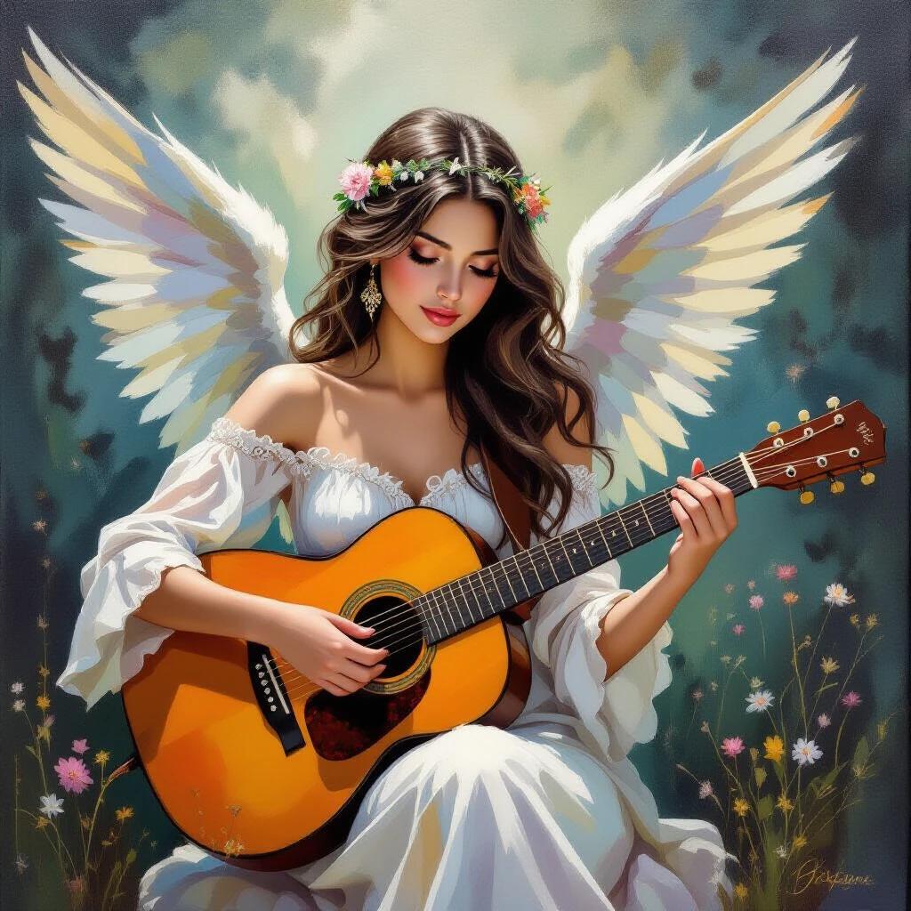An angel plays the guitar. The figure is surrounded by flowers. The angel has wings. The art style resembles oil paintings. The scene evokes a peaceful atmosphere.