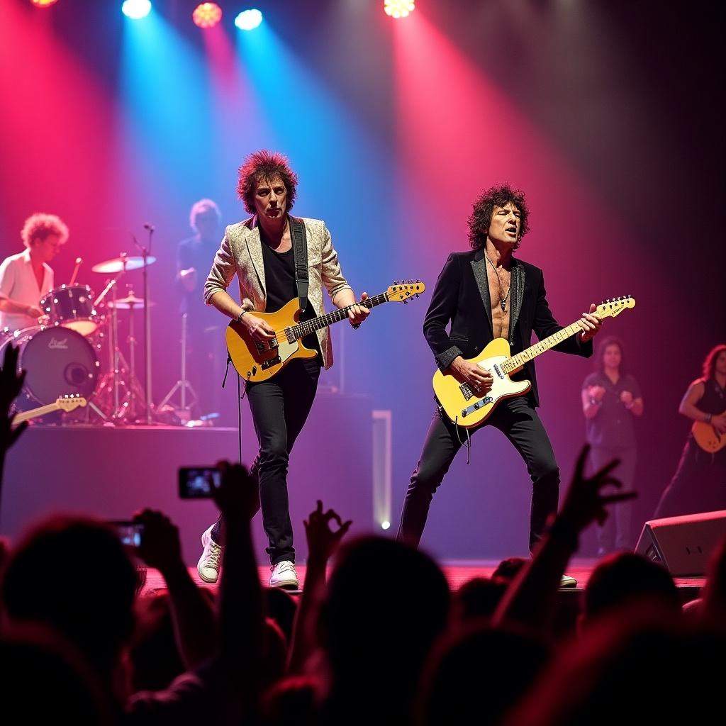 Rock band performing on stage with bright lights and energetic audience. Musicians playing electric guitars with vibrant energy. Concert atmosphere with fans enjoying the music.