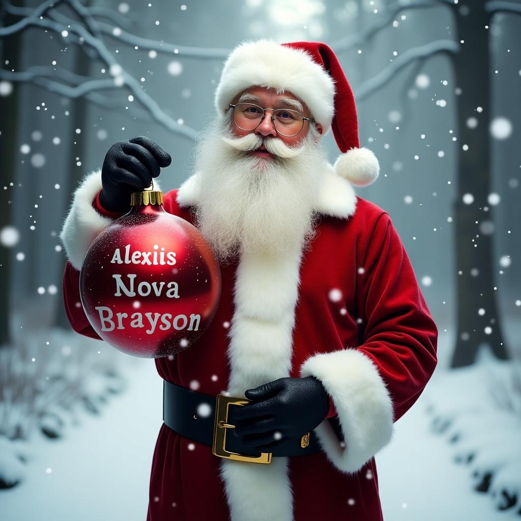 Christmas theme scene. Santa Claus standing in a snowy forest. Holding a red Christmas bauble with names Alexis, Nova, Brayson.