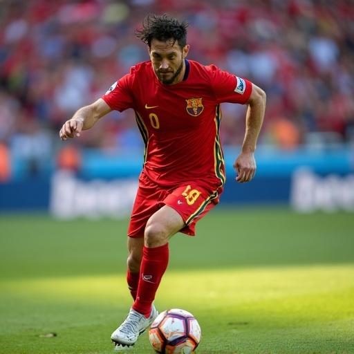 Professional football player dribbling the ball in an active match under natural light. Player wearing a vibrant red and yellow jersey, showing intensity in the game. Crowded stadium background suggesting a lively atmosphere.