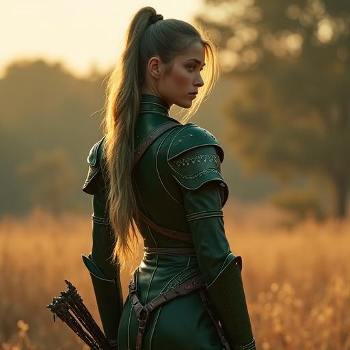 A skilled female scout stands confident in a medieval training ground. She wears fitted dark green leather armor with silver accents. Her long hair is tied in a loose ponytail flowing down her back. The warm light of the golden hour fills the scene, highlighting her presence. She carries a shortbow on her back and a pouch with traps at her hip. The scene blends a sense of elegance with lethal readiness.