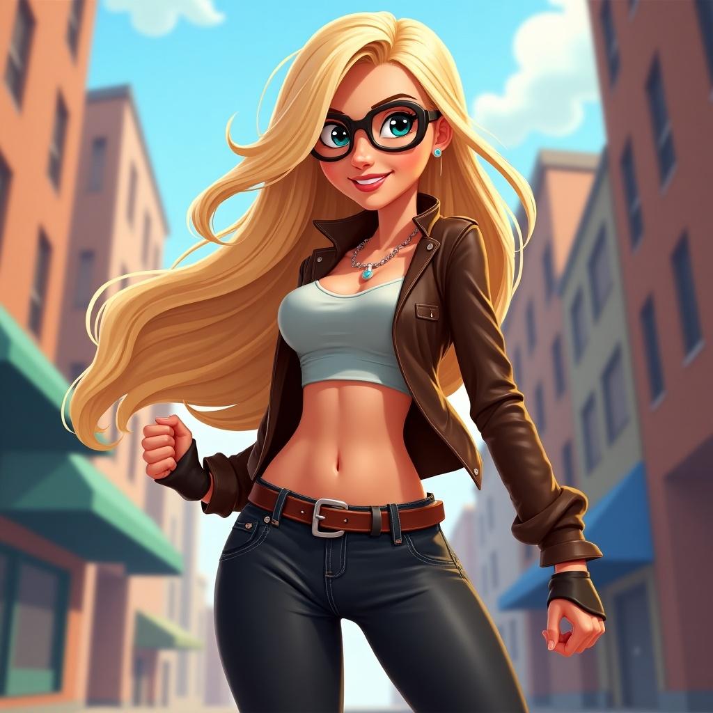 Young blonde character in an urban environment wearing casual clothing. The character has a confident pose with a stylish outfit. Background features buildings and a sunny atmosphere.