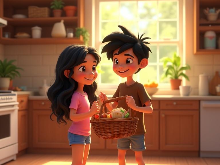 Young girl with long wavy black hair and boy with curly black hair packing a picnic basket in the kitchen. They are smiling and surrounded by food items. Bright sunlight streams through the window, creating a warm atmosphere. The style is reminiscent of Disney and Pixar animation.