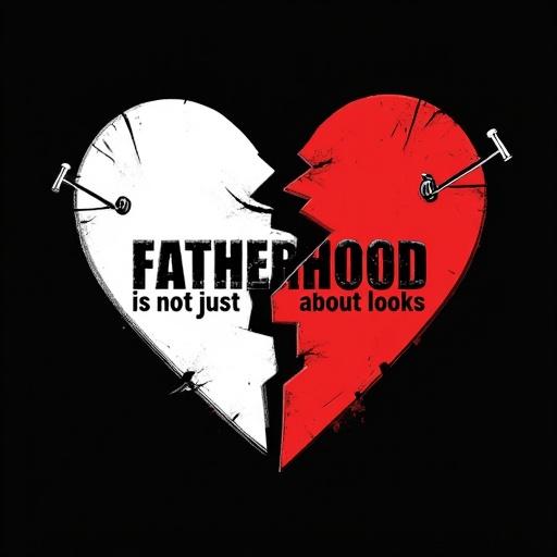 Punk-inspired illustration of a broken heart divided into white and red halves. Heart secured by safety pin. Bold text 'Fatherhood is not just about looks' integrated into design. Additional text 'but about the heart' creatively arranged. Set against solid black background for strong contrast.