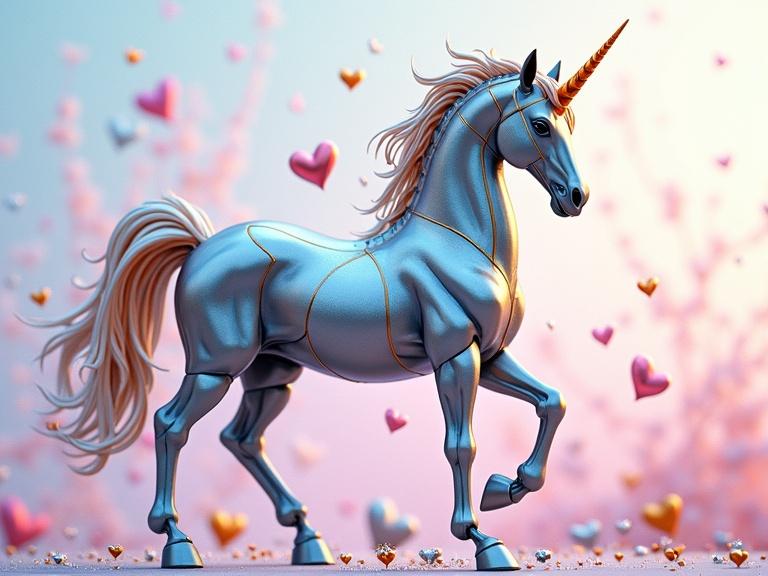 A metallic unicorn stands confidently. The unicorn features blue and white tones with gold and silver accents. Around the unicorn, tiny 3D hearts of silver, orange, pink, and gold float in various sizes. The background has soft pastel colors. The scene has a dreamy and joyful atmosphere similar to Japanese Manga. Watercolor texture adds depth to the composition.