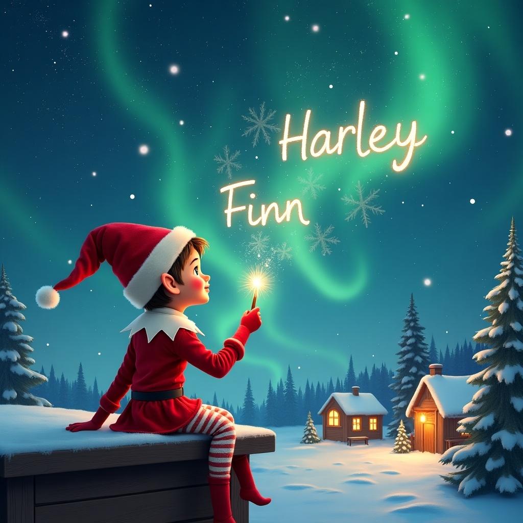 Elf sits on a wooden ledge with back turned. Gazes at magical sky. Dressed in red outfit and pointed hat. Holds a sparkling wand. Writes names Harley and Finn in starry sky. Background features snowy landscape with houses and evergreen trees. Northern Lights shimmer above. Whimsical scene embodies childhood magic and Christmas cheer.