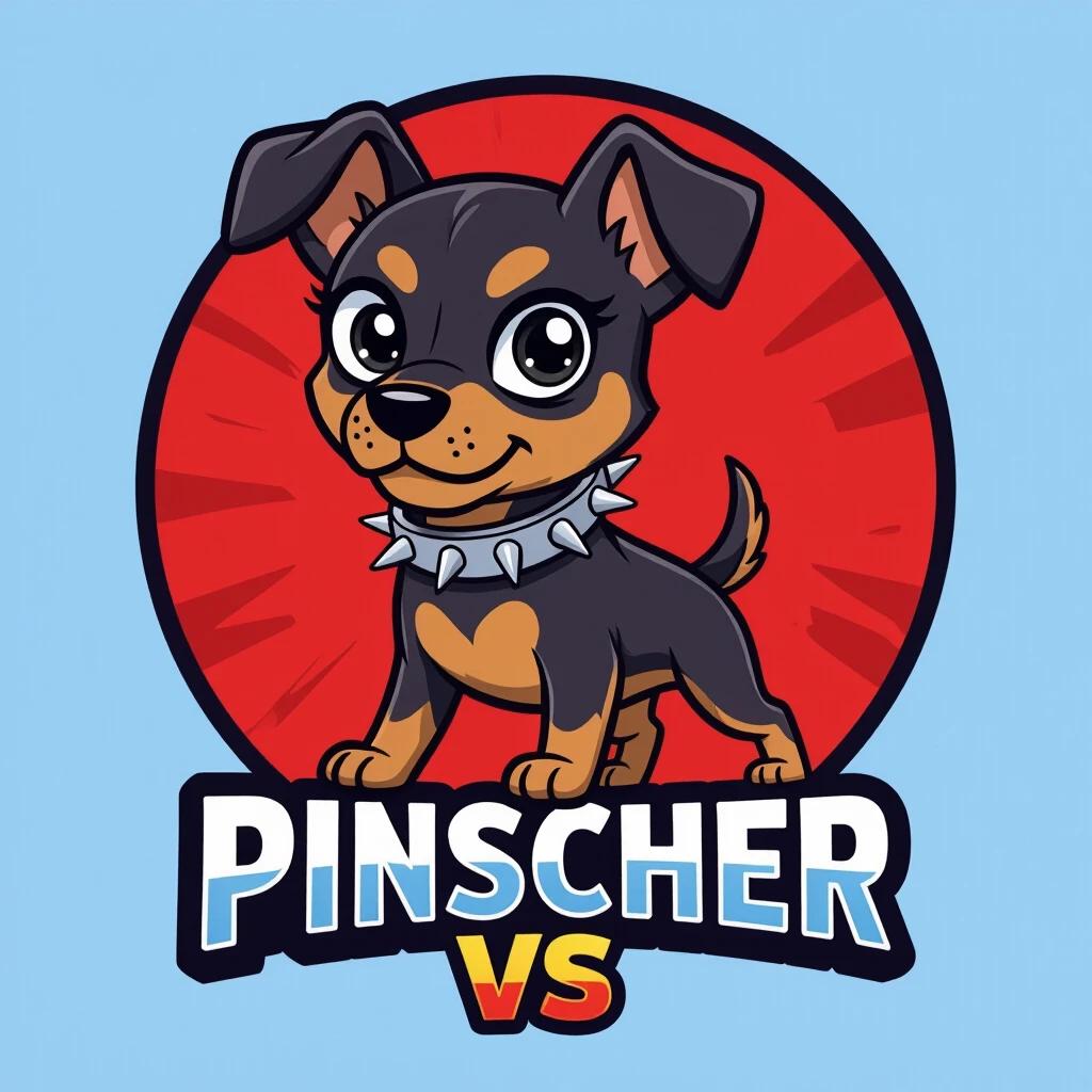 Cartoon-style logo features fierce cute pinscher dog with exaggerated features. Large expressive eyes show character. Small muscular body gives confidence. Silver spiked collar adds toughness. Dynamic action-packed pose used. Background consists of bold red circular badge. Text 'Pinscher vs' appears in bold energetic font. Logo designed for YouTube profile image. Clean and modern aesthetic created. Transparent background included for flexibility.