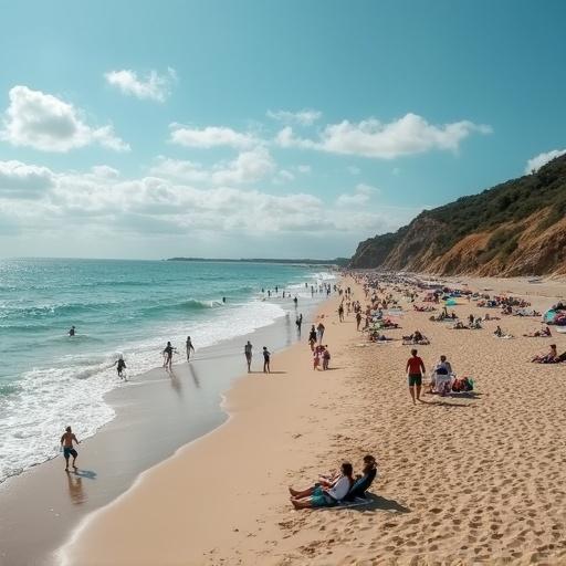 Vibrant beach scene with many people enjoying the sun and water. Soft waves lapping on the shore. Green hills in the background. Clear blue skies with fluffy clouds.