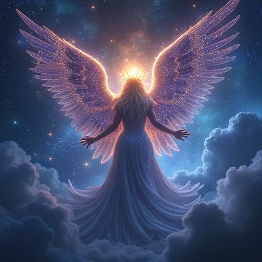 Design an ethereal guardian of the stars. Shimmering galaxy wings are featured, with constellations forming their crown. The guardian stands amidst swirling nebulas.