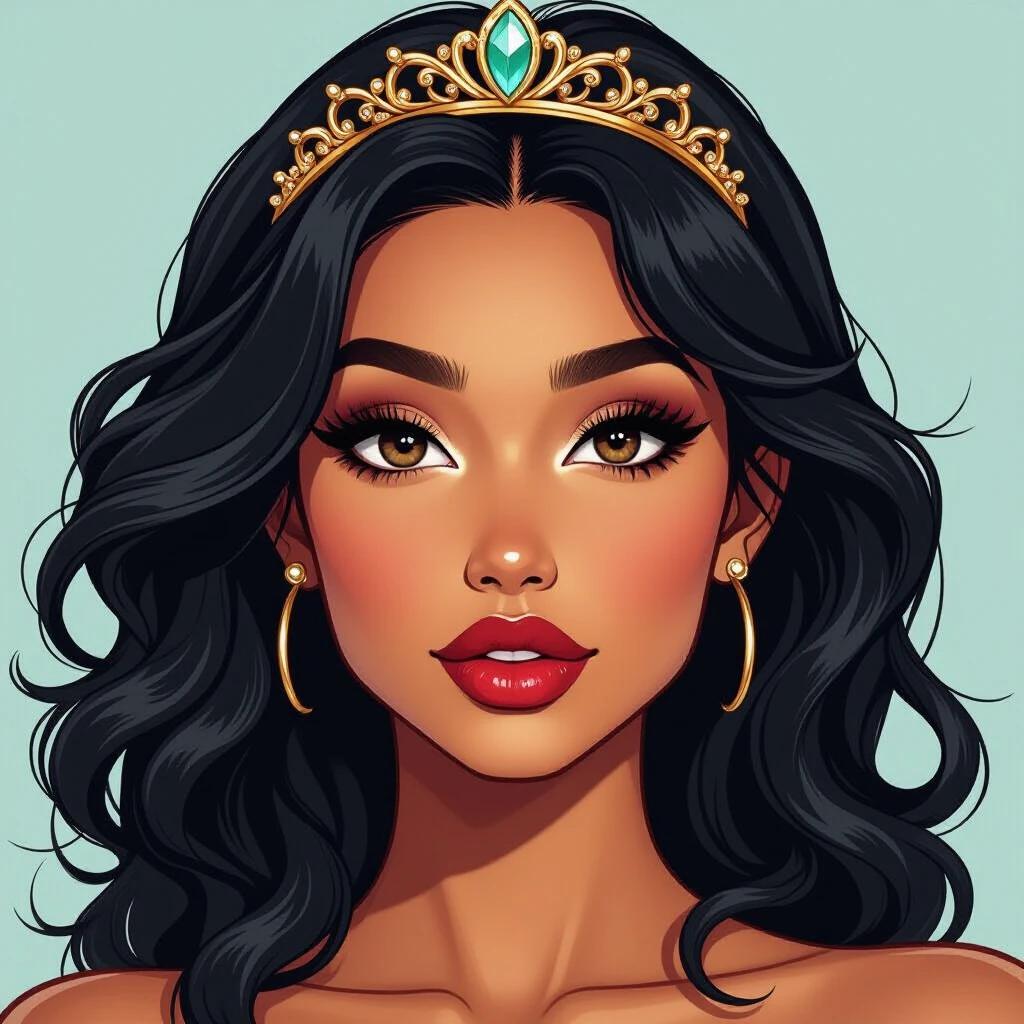 Female character portrait featuring dark olive skin and black wavy hair. Character wears an ornate tiara with a blue gem. Expression is serene with detailed eyebrows, full lips, and brown eyes. Illustrative style employs soft lines and cell shading typical of modern comics.