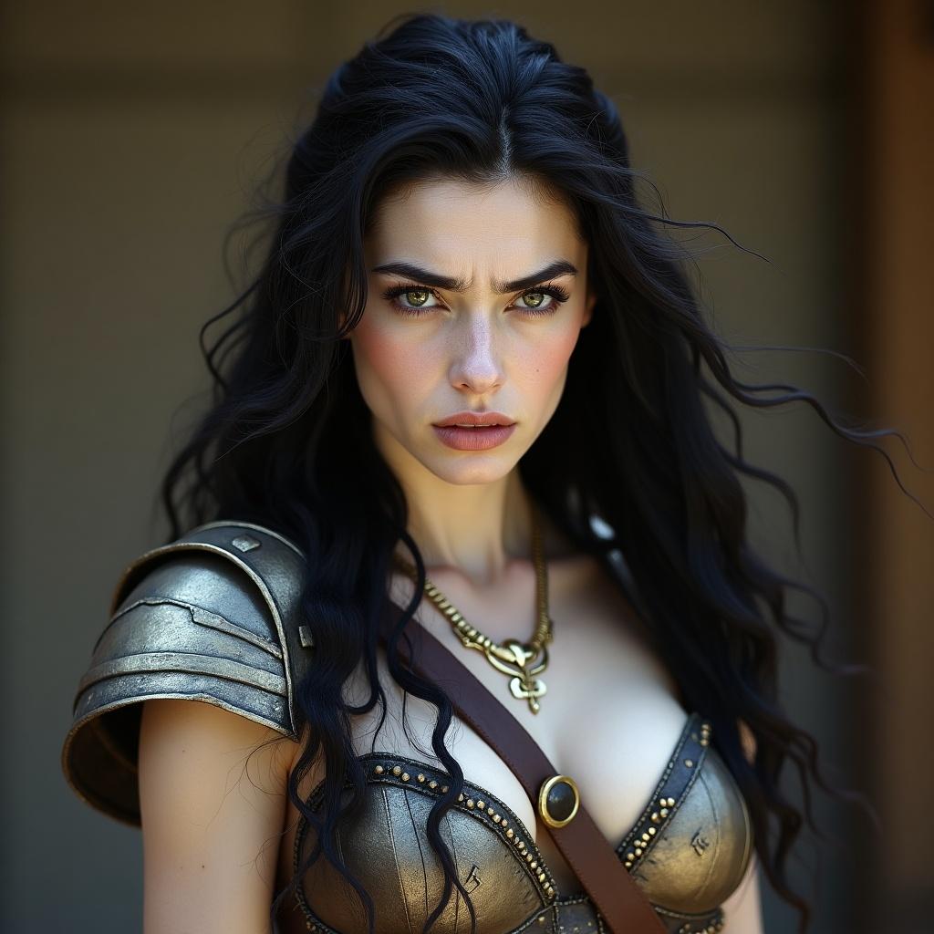 The image depicts Zenobia, a striking warrior queen with a blend of strength and vulnerability. She has pale white skin and long, dark hair cascading around her shoulders. Dressed in revealing golden armor, she embodies a fierce look that suggests both beauty and danger. Her expression is worried, hinting at underlying turmoil or conflict. The backdrop is softly blurred to keep the focus on her compelling presence, highlighting the intricacies of her attire and emotional depth.