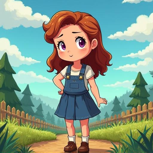 Anime style character with red hair. Character wears a blue denim dress. Background shows a green field with flowers. Sky has white clouds.