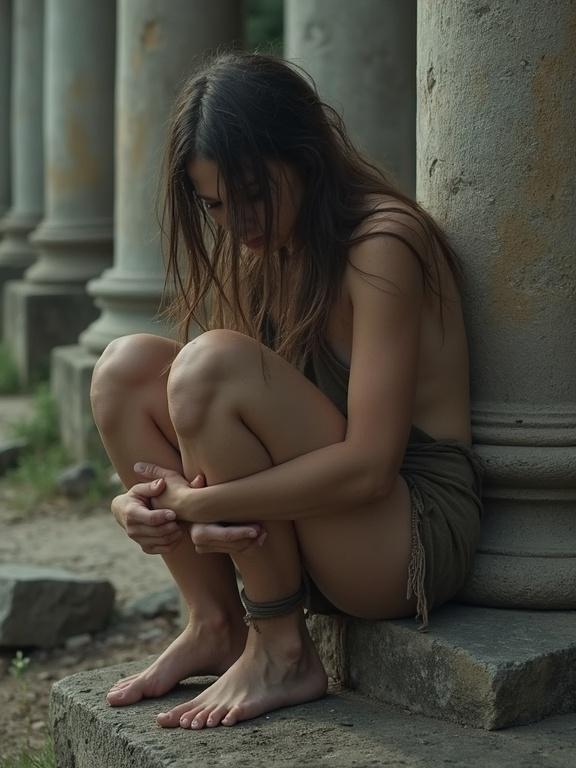 Young woman rests against a ruined column. Body language shows fatigue and emotional weight. Long hair covers her face. Natural setting with calmness.