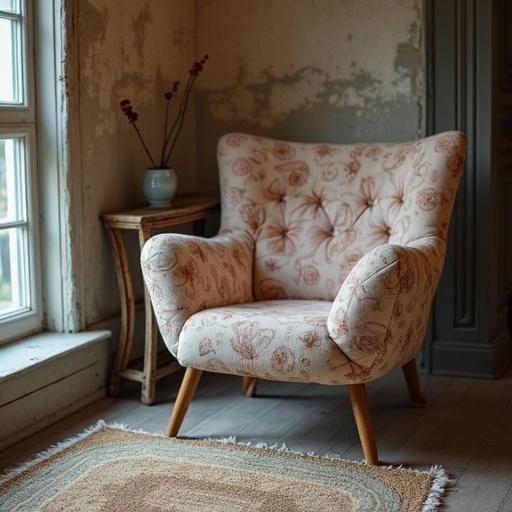 Cozy armchair positioned near a large window with natural light. Floral patterned upholstery enhances warm ambiance. A simple rug complements the scene.